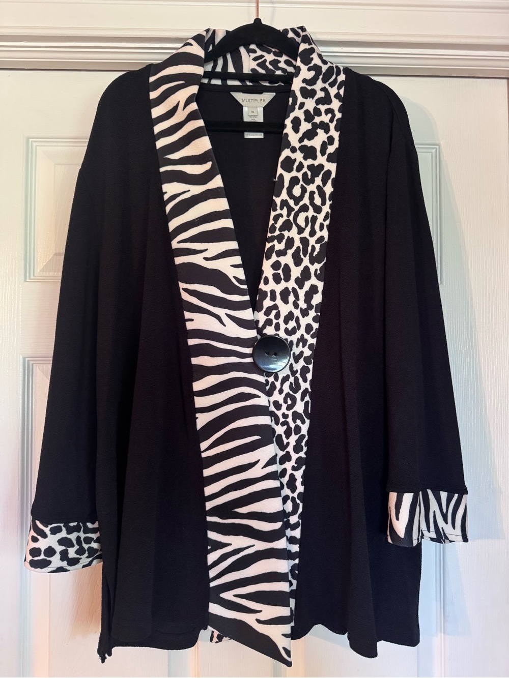 Multiples Black Open-Front Cardigan with Black-and-White Animal Print Trim